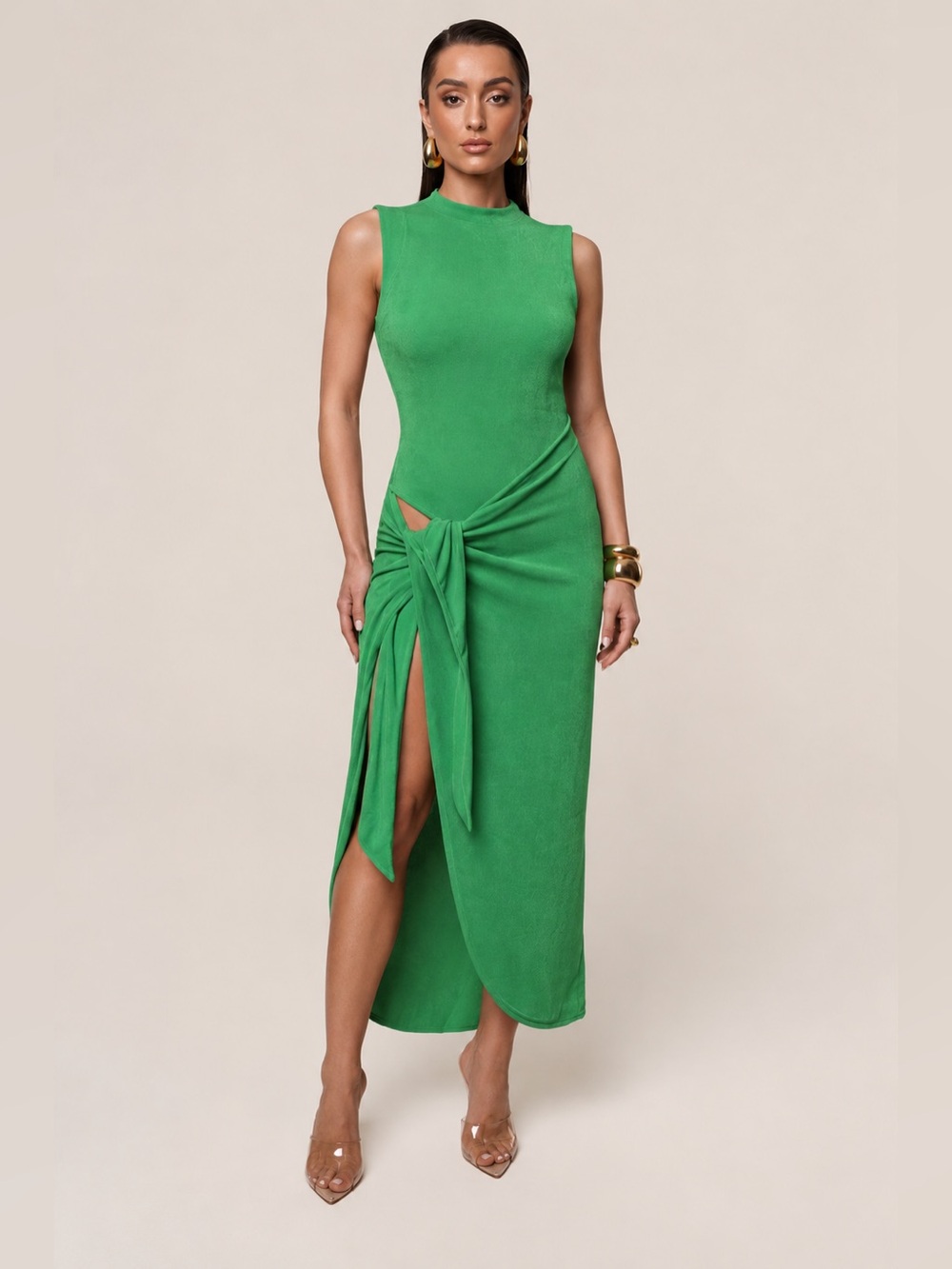 JLUXLABEL Green Wrap Knot Front Maxi Dress Cutout Slit Bodycon Sleeveless